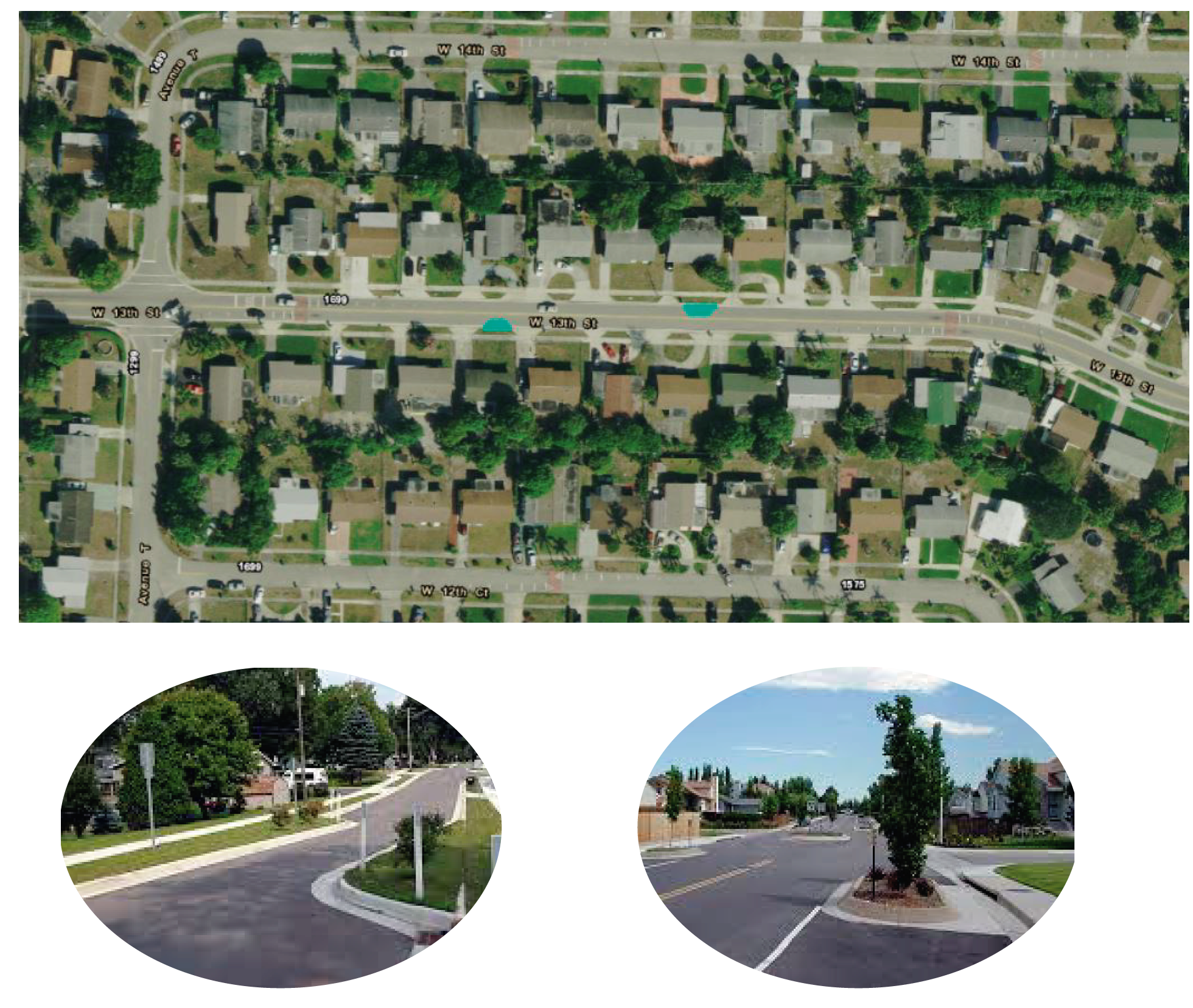 Option. 1: Chicanes Chicanes are a series of alternating mid-block curb extensions to narrow a roadway requiring vehicles to make a curving, S-shaped path discouraging speeding. The speed can be reduced from 3-9mph. The image below shows the approximate placement of the chicanes on 13th Street.