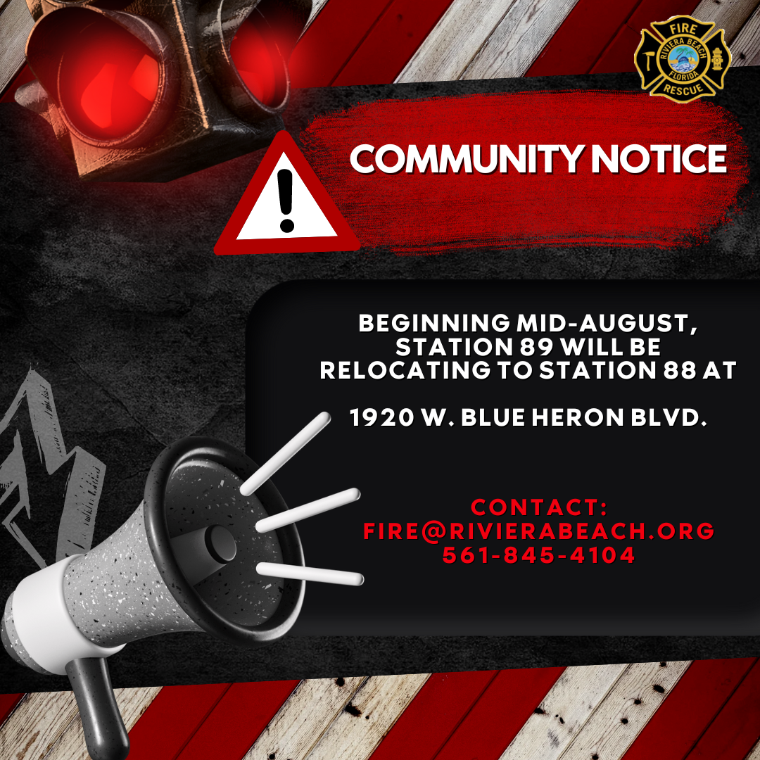 FOR IMMEDIATE RELEASE: RIVIERA BEACH FIRE RESCUE ANNOUNCES RELOCATION OF FIRE STATION 89 Riviera Beach, FL. (August 1, 2024) – Starting mid-August, Riviera Beach Fire Rescue is set to relocate Fire Station 89 from 7501 N Military Trl to Fire Station 88 at 1920 W Blue Heron Blvd. This move marks the end of a 30-year lease arrangement with the Veterans Affairs Medical Center, which owns the current Fire Station 89 site. The West Palm Beach VA Healthcare System plans to repurpose the property to expand mental health services for Veterans. Despite an exhaustive search for alternative properties in the area, no suitable locations were found. However, Riviera Beach Fire Rescue remains committed to serving the West Community efficiently. Utilizing advanced "Emergency Vehicle Preemption Systems" (EVP), emergency response vehicles will be granted priority at signalized intersections, ensuring quicker response times and enhancing safety for all residents. "As we transition Fire Station 89 to its new location, our primary focus remains on maintaining the highest level of emergency response for the community. We are dedicated to adapting and overcoming any challenges to continue providing the exceptional service Riviera Beach residents deserve," said Fire Chief John Curd. While there are no current plans to build a new fire station in the West Community, Riviera Beach Fire Rescue assures the community that their high standard of service will not waver. Our team of highly trained professionals is committed to ensuring the safety and well-being of our residents. For additional information on the “Emergency Vehicle Preemption Systems,” (EVP) please see attachment. For media inquiries and more information, please contact: Brittany Collins Public Information Officer, City of Riviera Beach Bcollins@rivierabeach.org C: 561-371-1533 FOR IMMEDIATE RELEASE: RIVIERA BEACH FIRE RESCUE ANNOUNCES RELOCATION OF FIRE STATION 89 Riviera Beach, FL. (August 1, 2024) – Starting mid-August, Riviera Beach Fire Rescue is set to relocate Fire Station 89 from 7501 N Military Trl to Fire Station 88 at 1920 W Blue Heron Blvd. This move marks the end of a 30-year lease arrangement with the Veterans Affairs Medical Center, which owns the current Fire Station 89 site. The West Palm Beach VA Healthcare System plans to repurpose the property to expand mental health services for Veterans. Despite an exhaustive search for alternative properties in the area, no suitable locations were found. However, Riviera Beach Fire Rescue remains committed to serving the West Community efficiently. Utilizing advanced "Emergency Vehicle Preemption Systems" (EVP), emergency response vehicles will be granted priority at signalized intersections, ensuring quicker response times and enhancing safety for all residents. "As we transition Fire Station 89 to its new location, our primary focus remains on maintaining the highest level of emergency response for the community. We are dedicated to adapting and overcoming any challenges to continue providing the exceptional service Riviera Beach residents deserve," said Fire Chief John Curd. While there are no current plans to build a new fire station in the West Community, Riviera Beach Fire Rescue assures the community that their high standard of service will not waver. Our team of highly trained professionals is committed to ensuring the safety and well-being of our residents. For additional information on the “Emergency Vehicle Preemption Systems,” (EVP) please see attachment. For media inquiries and more information, please contact: Brittany Collins Public Information Officer, City of Riviera Beach Bcollins@rivierabeach.org C: 561-371-1533