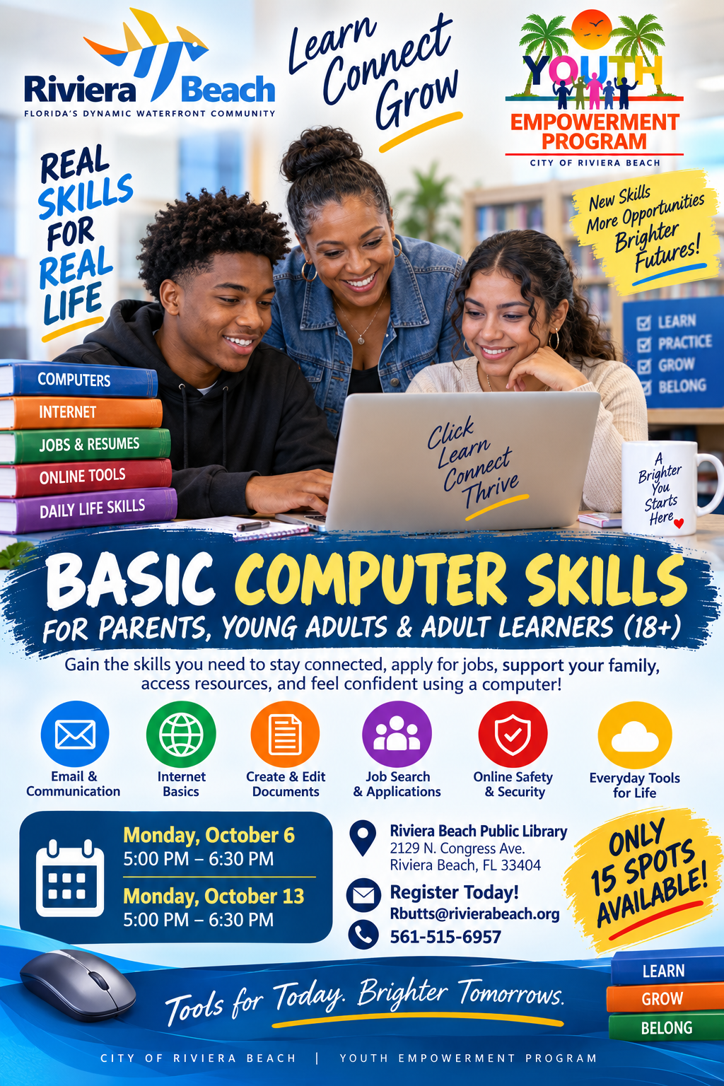 Basic Computer Skills program flyer for parents, young adults and adult learners age 18 and older