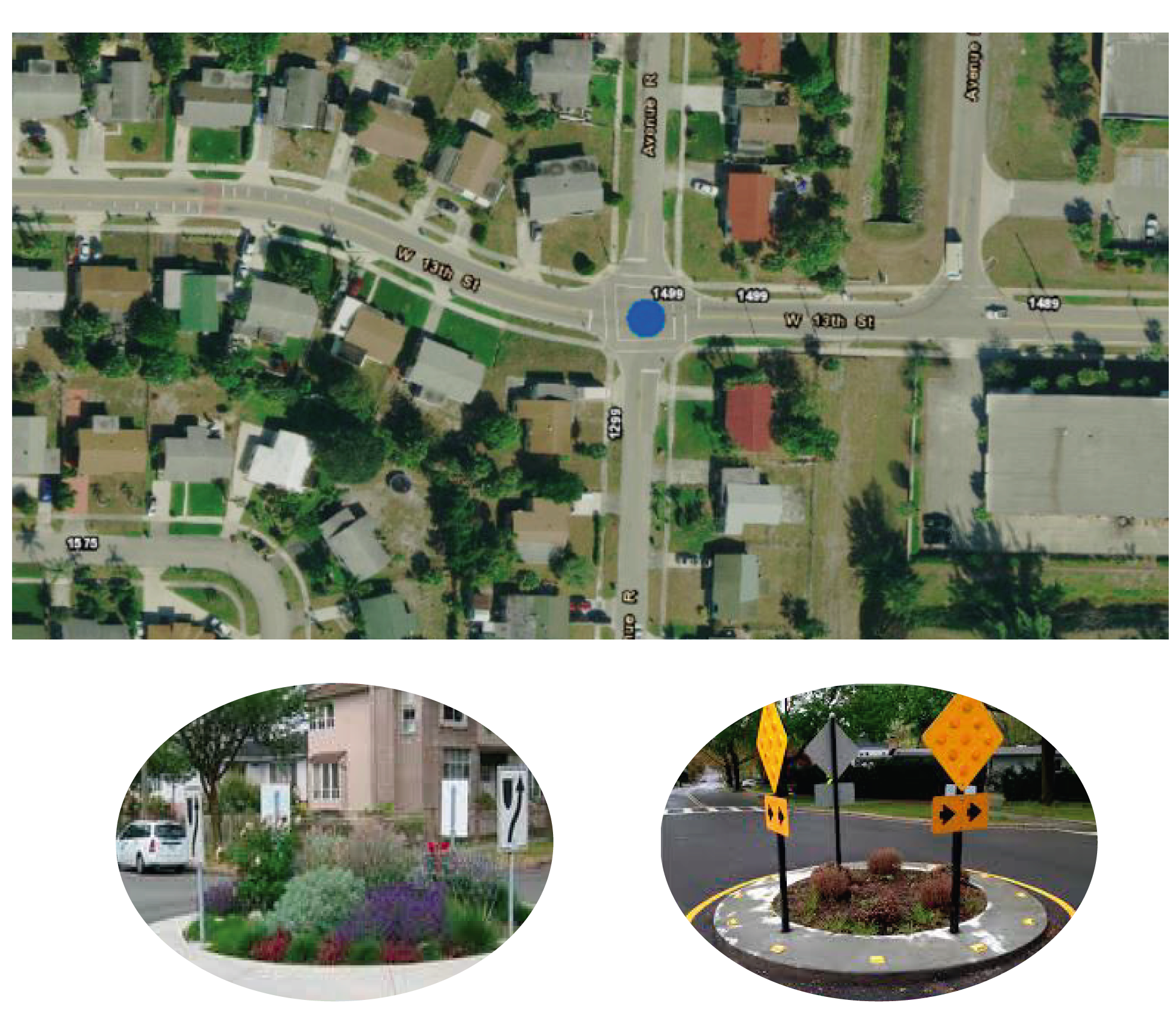 Option 2: Traffic Circles- Circular intersection where traffic flows in one direction around a central island. Spees can be reduced by 5 mph. The image below shows the potential location of the traffic circle at the intersection of 13th and Avenue R