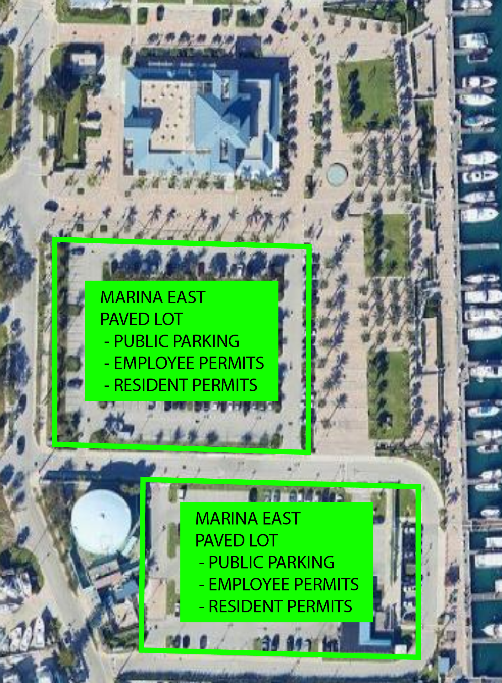 Marina East Paved Lots Parking Map — public parking, employee permits, resident permits