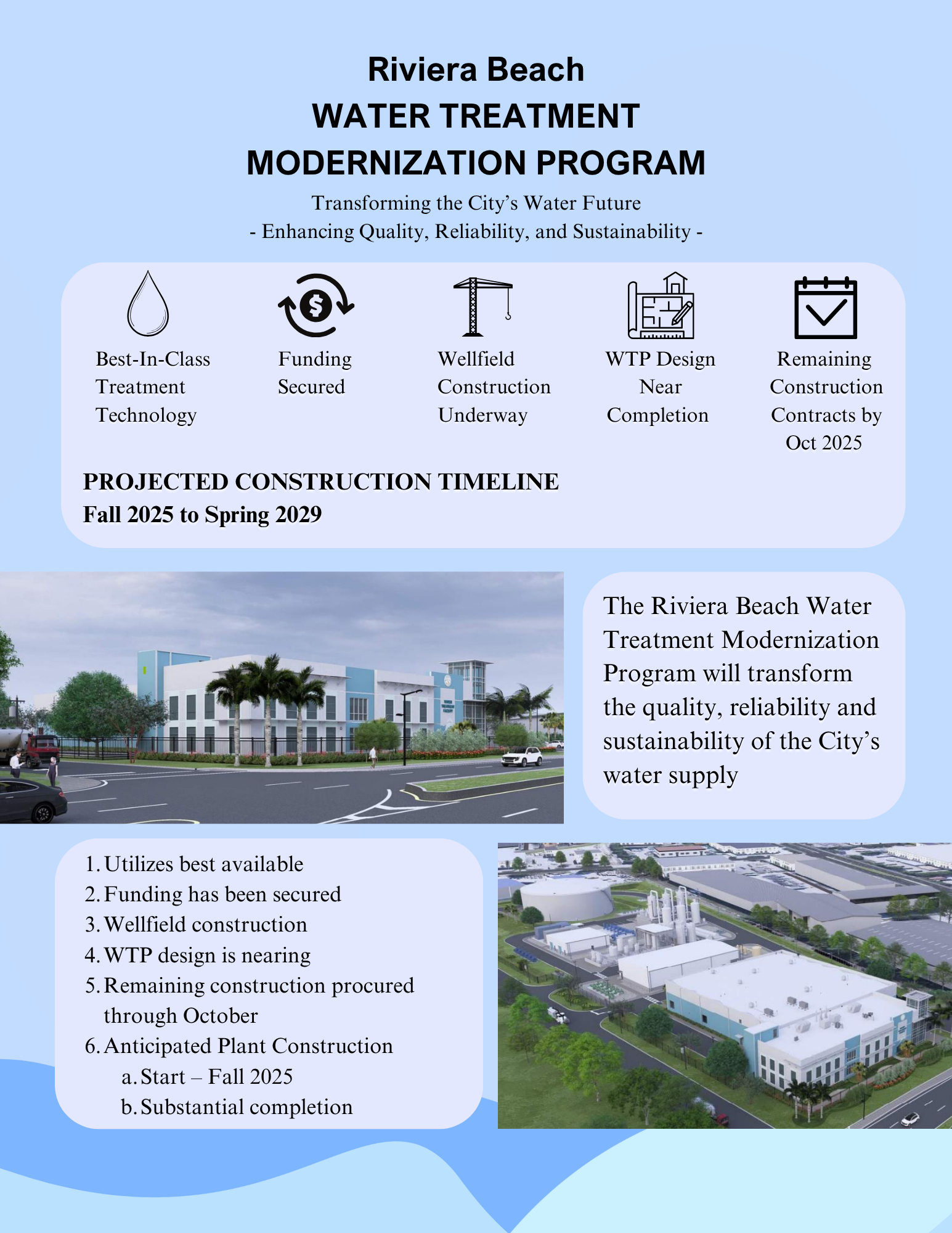 Riviera Beach WATER TREATMENT MODERNIZATION PROGRAM The Thee Riiivvviiieeerrraaa Beeeaaaccch Waaattteeerrr Trrreeeaaatttmeeenttt Modeeerrrniiizzzaaatttiiion Prrrogggrrraaam wiiillllll tttrrraaansssffforrrm tttheee quaaallliiitttyyy,,, rrreeellliiiaaabiiillliiitttyyy aaand sssussstttaaaiiinaaabiiillliiitttyyy offf tttheee Ciiitttyyy’’’sss waaattteeerrr sssupplllyyy Transforming the City’s Water Future - Enhancing Quality, Reliability, and Sustainability - Beeesssttt---IIIn---Clllaaassssss Trrreeeaaatttmeeenttt Teeeccchnolllogggyyy Fundiiinggg Seeecccurrreeed Weeellllllfffiiieeellld Conssstttrrruccctttiiion Undeeerrrwaaayyy WTP Deeesssiiigggn Neeeaaarrr Compllleeetttiiion Reeemaaaiiiniiinggg Conssstttrrruccctttiiion Contttrrraaaccctttsss byyy Occcttt 222000222555 PROJECTED CONSTRUCTIIION TIIIMELIIINE Faaallllll 222000222555 tttooo Sppprrriiinnnggg 222000222999 1.Utilizes best available 2.Funding has been secured 3.Wellfield construction 4.WTP design is nearing 5.Remaining construction procured through October 6.Anticipated Plant Construction a.Start – Fall 2025 b.Substantial completion