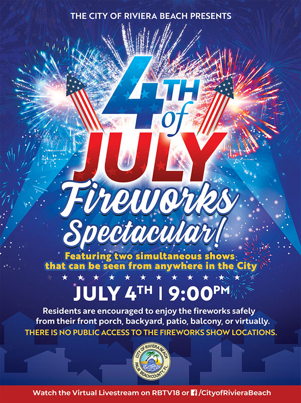  4th Of July Fireworks Spectacular! @ 9:00PMFeaturing two simultaneous shows that can be seen from anywhere in the City * * * * * * * * * JULY 4TH I 9:00PM, Residents are encouraged to enjoy the fireworks safely from their front porch, backyard, patio, balcony, or virtually. THERE IS NO PUBLIC ACCESS TO THE FIREWORKS SHOW LOCATIONS.