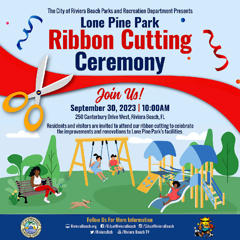 FOR IMMEDIATE RELEASE: EXCITING UPGRADES UNVEILED AT LONE PINE PARK RIBBON CUTTING EVENT!  RIVIERA BEACH, FL. (September 21, 2023) – The residents of Riviera Beach are in for a treat as the much-anticipated ribbon cutting ceremony for Lone Pine Park's remarkable improvements is set to take place. Mark your calendars for Saturday, September 30, 2023 as the festivities kick-off promptly at 10:00 a.m. at 250 Canterbury Drive West Riviera Beach, Fl 33407.  Residents and visitors alike are invited to witness the finale of months of hard work and dedication. The park has undergone extensive enhancements, aimed at providing an even more enjoyable experience for all.  The highlight of these improvements is the brand-new walking trail, designed to encourage the community's active lifestyle and foster a sense of unity. The meandering path, amidst lush greenery, offers a perfect escape for individuals of all ages seeking comfort or a refreshing workout.  But that's not all - families will be thrilled to discover the newly added playground equipment, thoughtfully curated to spark joy and endless fun for children. With swings, slides, climbing structures, exercising equipment and more, adventure awaits every young explorer.  With a firm commitment to sustainable practices, the park has introduced improved irrigation systems, ensuring the preservation of its scenic landscapes while efficiently utilizing natural resources. This eco-conscious approach demonstrates the community's dedication to a greener future.  As attendees gather for the ribbon cutting ceremony, they can also look forward to discovering an array of site amenities thoughtfully implemented to enhance their experience. From comfortable seating areas to picnic spots, the park exudes comfort and invites residents to leisurely enjoy its serene ambiance.  “Lone Pine Park has always been an important gathering place for our community. These improvements will further strengthen our bond and create lasting memories for families and friends,” expressed District 3 Councilwoman, Shirley Lanier.  Huurr Homes is the contractor and the $390,611 for this project was funded by Florida Recreation Development Assistance program, Recreational Trails Grant Program, and The City of Riviera Beach. Let us come together to celebrate this milestone achievement and embrace the renewed spirit of our cherished community park.  For media inquiries and more information, please contact: Brittany Collins Public Information Officer Bcollins@rivierabeach.org C: 561-371-1533