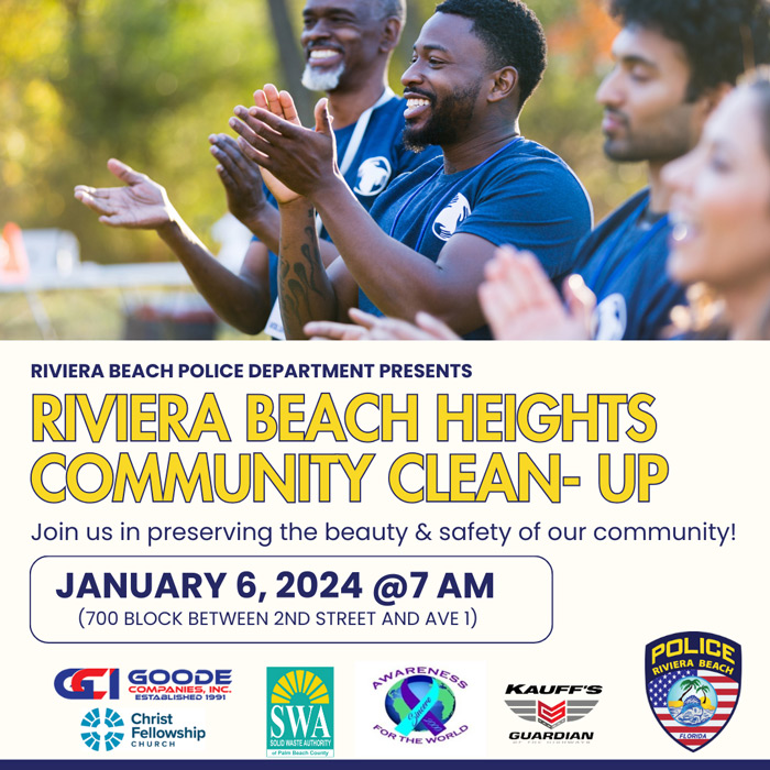 RIVIERA BEACH POLICE MAJOR LEADS INITIATIVE TO TRANSFORM FORMER NEIGHBORHOOD      Riviera Beach, Florida - January 3, 2024 - Major Nathan Gordon of Riviera Beach Police Department is spearheading a transformative initiative to revitalize his former neighborhood. The Riviera Beach PD will launch a Community clean-up initiative on January 6th from 7am to 2pm, marking the beginning of a concerted effort to enhance the livability and safety in Riviera Beach Heights.         The initiative encompasses a wide array of activities aimed at uplifting the community, including painting homes, landscaping, the removal of bulk trash, and towing derelict vehicles. Major Nathan Gordon expressed his enthusiasm for having the opportunity to effect positive change in the very community he grew up in.        "This initiative is a testament to our commitment to transforming a neighborhood too often associated with crime and violence into a cleaner and safer environment," Major Gordon continues “The impact of this project fills me with an overwhelming sense of joy and nostalgia. As a child, my time spent in Riviera Beach Heights holds precious memories of playing street football with the kids in my neighborhood and shooting hoops at Sadie McCray Park.”     The Riviera Beach Police Department will be temporarily blocking off the 700 block between 2nd Street and Ave. I on January 6th to facilitate the community cleanup efforts. Volunteers will be diligently working on three homes, providing services such as pressure washing, painting, and landscaping to rejuvenate the area. Pre-cleanup preparations have already been underway, including the towing of derelict vehicles and a trash amnesty day, allowing residents to dispose of bulk trash items.        Community partnerships have been integral to the success of this initiative. Partners include Solid Waste Authority's Paint Your Heart Out program, The Home Depot, Unique Men, Men of Tomorrow, Christ Fellowship, City of Riviera Beach Community Redevelopment Agency, the City of Riviera Beach Community Development Corporation, The City of Riviera Beach Code Enforcement, Goode Companies, and many others. While these partnerships have been instrumental, additional collaborations are always welcome to further enhance the scope and impact of this initiative.       For further information or inquiries, please contact:   Serena Spates    Public Information Officer   (561) 635-8748   Sspates@rbpublicsafety.org 
