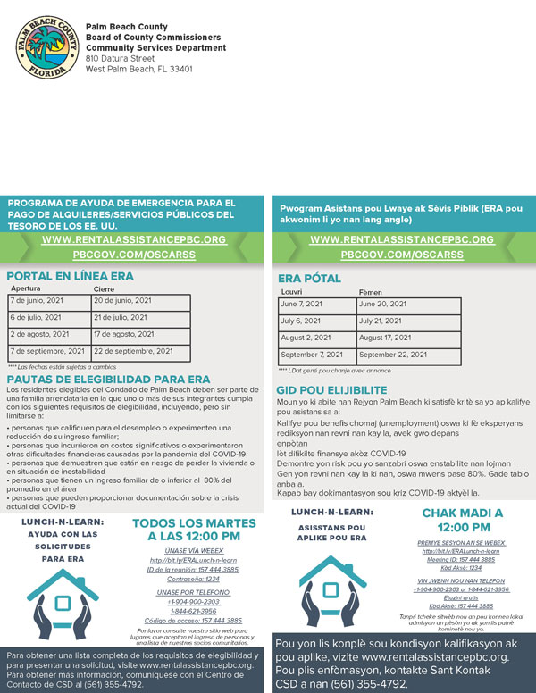 U.S Treasury Emergency Assistant Program   JOIN VIA WEBEX http://bit.ly/ERALunch-n-learnMMeeting ID: 157 444 3885Passcode: 1234 JOIN BY PHONE+1-904-900-2303 or 1-844-621-3956 United States Toll FreeAccess code: 157 444 3885 LUNCH