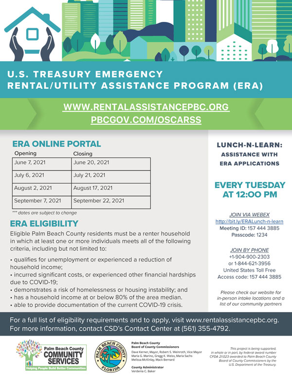 U.S Treasury Emergency Assistant Program   JOIN VIA WEBEX http://bit.ly/ERALunch-n-learnMMeeting ID: 157 444 3885Passcode: 1234 JOIN BY PHONE+1-904-900-2303 or 1-844-621-3956 United States Toll FreeAccess code: 157 444 3885 LUNCH