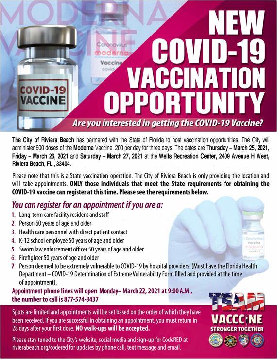 New Covid-19 Vaccination Opportunity March 25- March 27 Call 1877-574-8437
