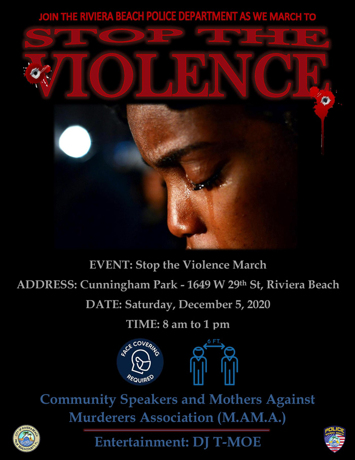 The Riviera Beach Police Department (RBPD) has organized its first Stop the Violence event today at Cunningham Park. Its purpose, according to Police Chief Nathan Osgood, is to deter violent crimes in the City and seek to ensure a stronger connection between the community and the police. "It's another step toward bridging the divide between the community and the police," he said. "We want families to heal and we are seeking the community's support." The event will be attended by City officials, members of MAMA--Mothers Against Murderers Association--and state Senator Bobby Powell, a City native. Related to the pandemic, CDC guidelines will be followed. Know about crimes that have occurred? Contact Crime Stoppers, nationally, at 800-458-8477, in PBC, at 561-688-3960