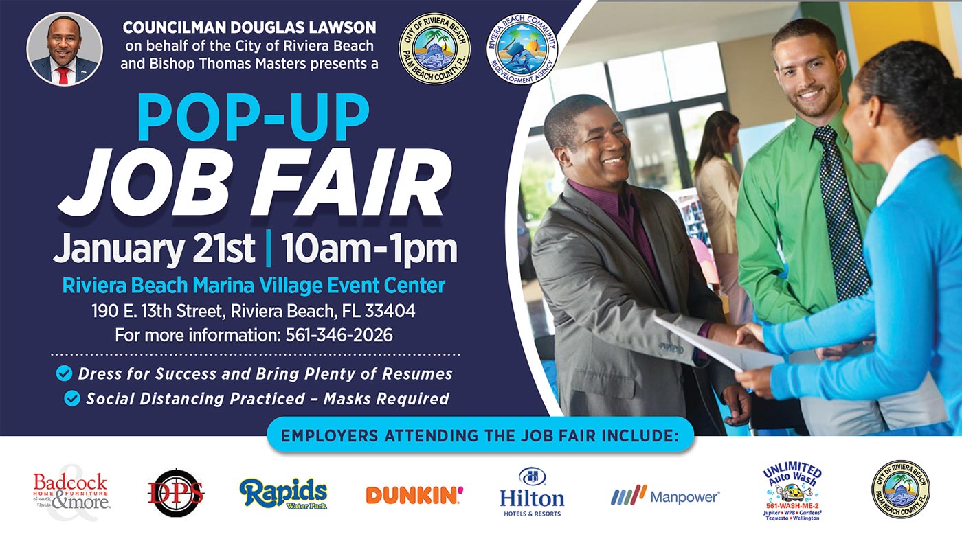 And every one of the participating companies actually has jobs available. That's why Councilman Douglas A. Lawson (District 5) is hosting the event: he and the event co-host, Bishop Thomas A. Masters, received calls from several of the companies, seeking workers. And help finding them. Nearly all of the attending companies are located in the City or nearby. So, put on that suit, bring the resume and be ready! For more information, call the office of Councilman Lawson at 561-845-3685 or send an email here.