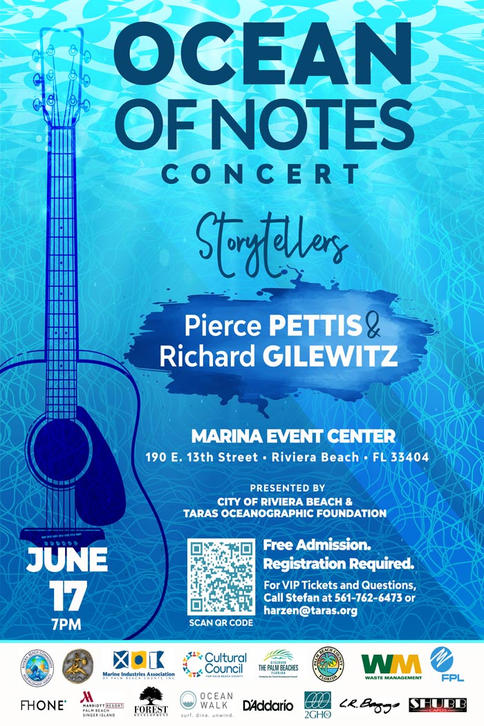 RIVIERA BEACH TO COMMEMORATE WORLD OCEAN DAY WITH SPECIAL EVENTS  RIVIERA BEACH, FL. (May 31, 2022) –    The City plans to commemorate World Ocean Day in  grand fashion with a fascinating concert and eye-catching art exhibit to remind citizens to keep  one of our most important assets clean and pristine for the greater good of the City, state,  country and globe.    The City is partnering with various organizations to teach the importance of keeping the ocean  clean by using the arts, which represents a wonderful way to look at the world as it is and create  a representation that may resonate better with the public than a scientific lecture. World Ocean  Day, which falls on June 8, is an initiative of the United Nations aimed at reminding everyone of  the major role the oceans have in everyday life. The purpose of the day is to inform the public of  the impact of human actions on the ocean, develop a worldwide movement of citizens for the  ocean and mobilize and unite the world’s population on a project for the sustainable  management of the world's oceans, according to the UN.    The City is hosting a World Ocean Day Art Exhibition from June 1 to June 30 at the Marina  Event Center, 190 E. 13th Street, featuring marine life works of art by Michael Alexander, Tony  Arrura, Suzanne B. Arton, Jerilyn Brown and Louise Browning. An open reception will be held  on June 8 at 5 p.m.    An Ocean of Notes Concert presented by the City and Taras Oceanographic Foundation will  commence on June 17 at 7 p.m. at the Marina Event Center, featuring Pierce Pettis and Richard  Gilewitz. Admission is free and registration is required. To register, visit  https://tinyurl.com/smwjykcd.